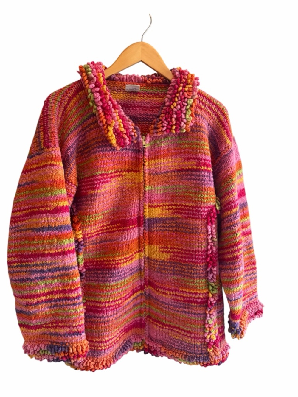 OVER THE RAINBOW Vintage 100% Wool Fringe Cardigan Made In Ecuador